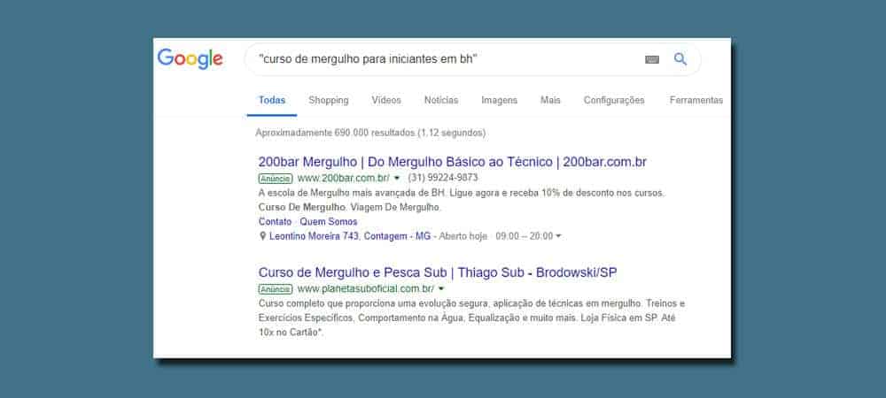 Busca no Google: curso de mergulho em bh