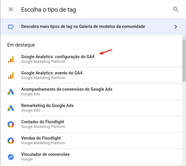 Seleção do tipo de tag especializado em GA4 no GTM