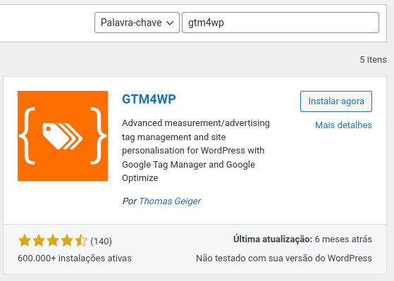 Encontrando o plugin GTM4WP no repositório WordPress