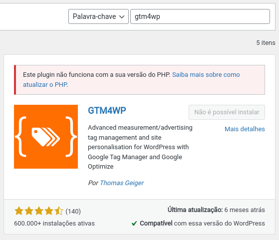 GTM4wp não disponível em hospedagens com PHP obsoleto